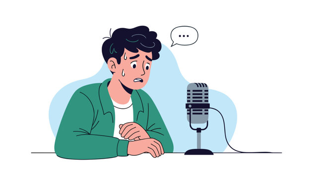 Nervous man sweating and stuttering while trying to speak into a vintage silver microphone on a blue background during a podcast.