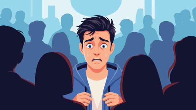 Anxious young man looking panicked and overwhelmed while being surrounded by a large crowd of silhouetted people in a city.
