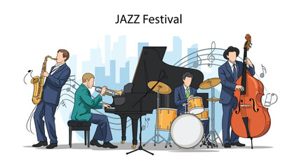 Fototapeta premium Talented jazz band featuring a saxophonist, pianist, drummer, and double bass player performs live at an urban festival.
