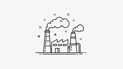 Obraz premium Industrial factory line art icon showing production buildings with smoke coming from chimneys representing manufacturing and environment.
