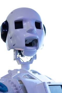 vertical close-up portrait of robot on white background