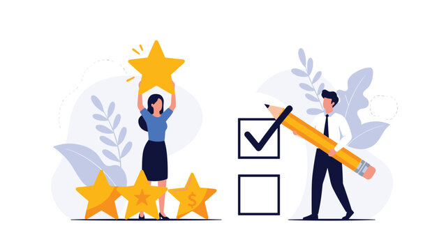 Business people rating a service with five stars and checking a box on a list representing customer feedback and satisfaction survey.