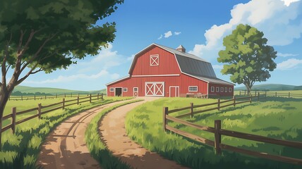 Obraz premium A charming digital illustration of a picturesque red barn nestled in a vibrant green countryside landscape under a bright blue sky, evoking a peaceful rural farm scene