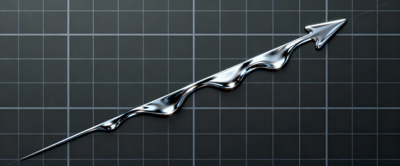Dynamic liquid chrome arrow pointing upward on a dark technical grid background, representing financial growth, success, and positive business trend analysis.
