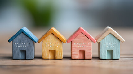 Small wooden house models table representing 4 quadrants of real estate market property investment mortgage loan and housing planning with finance business