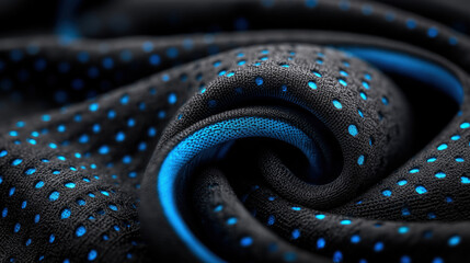 Close up macro view futuristic black perforated fabric with blue glowing dots energetic swirl pattern and mysterious dark texture abstract