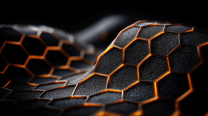 Macro close up view of futuristic dark hexagonal mesh pattern with glowing orange edges conveying sleek high tech innovation feeling