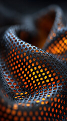 Close up macro view of futuristic perforated fabric with orange light glow creates abstract tech mesh texture background with dark mood