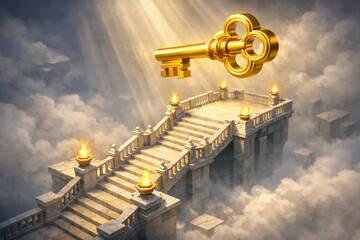 Majestic golden key floating above an epic stone staircase and bridge in the sky, concept of opportunity, success, and the path to heaven.