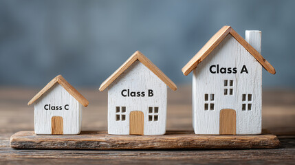 Small, medium, and large wooden house models lined up on wood plank representing real estate property class A, B, and C investment Property Quality Classes concepts