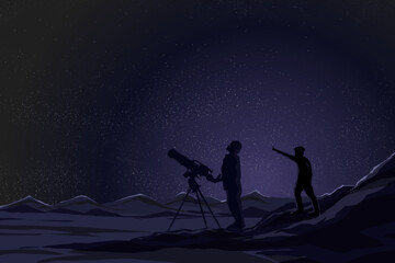 silhouette of a couple observing the night sky with stars and the moon in the desert mountains © Riza faryunanda