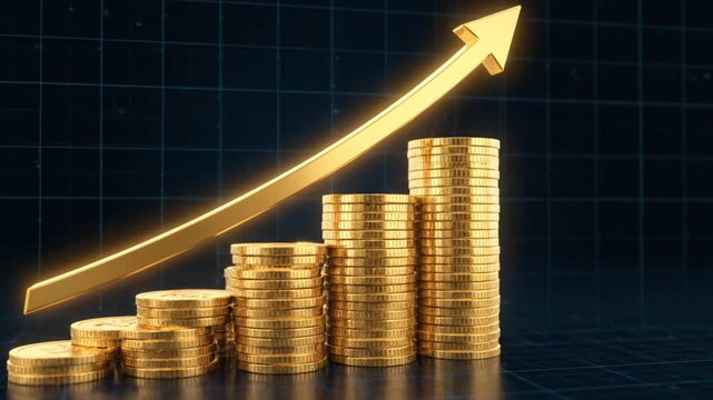 Stacks of gold coins increasing with a rising arrow symbolizing financial growth and success in a business context