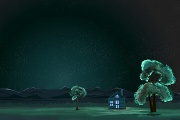 view of a house in the mountains with trees at night © Riza faryunanda