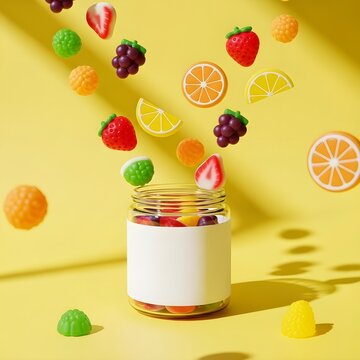 Assorted fruit jelly candies flying out of a glass jar with a blank white label on a yellow background, product mockup.