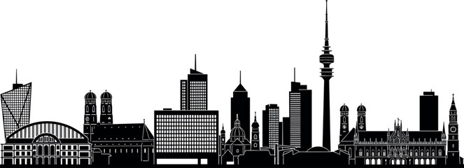 Obraz premium Munich city skyline silhouette featuring modern and historic landmarks, urban architecture panorama, famous German cityscape isolated on white background