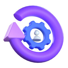 3D visual of a profile icon inside a gear surrounded by a circular arrow for human resource tracking and management