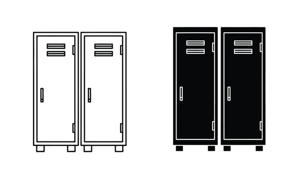 A set of four locker icons in black and white line art style with various design elements and handles
