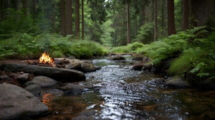 A tranquil forest scene featuring a clear flowing stream and a vibrant campfire nestled amongst rocks and lush vegetation