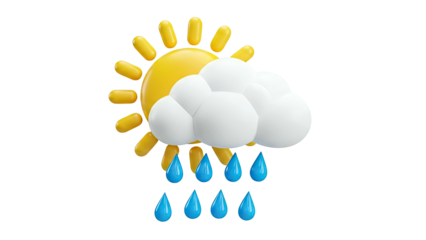 3D Weather Icon: Sun, Clouds, and Raindrops