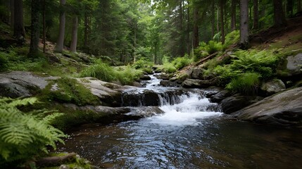 Fototapeta premium A serene forest stream with small cascades flowing over moss covered rocks under d d sunlight