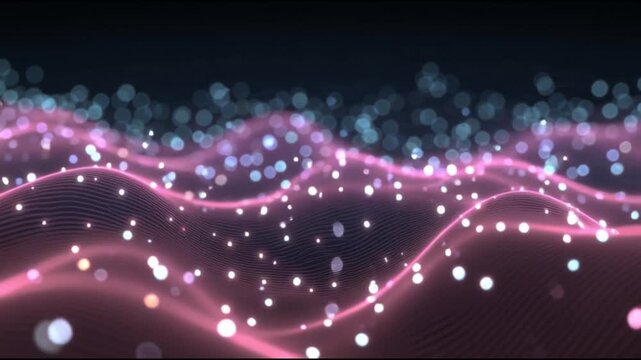 Glowing particles flowing in wavy lines across a dark background, viewed from a slight angle, creating a mesmerizing scene of technology and science.