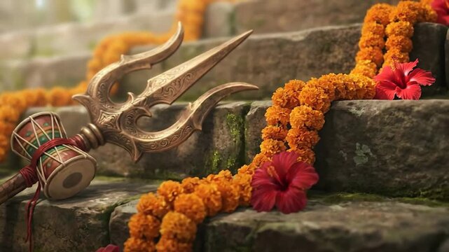 Shiva's golden trishula and damaru rest on ancient stone steps, adorned with vibrant orange marigold garlands in this spiritual close-up for shivaratri.
