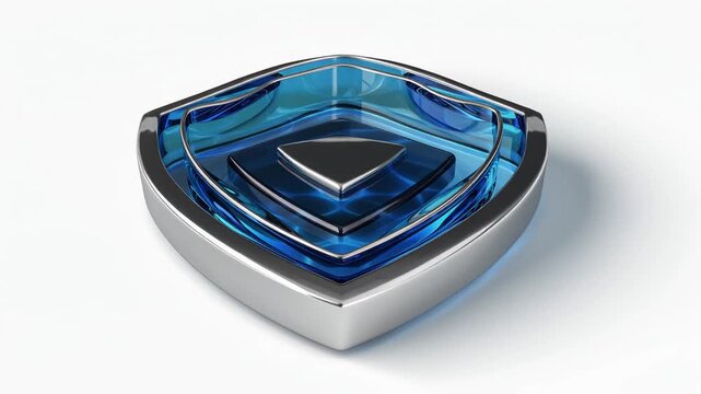3d shield logo blue crystal emblem silver triangle glossy icon security symbol modern tech design futuristic protection