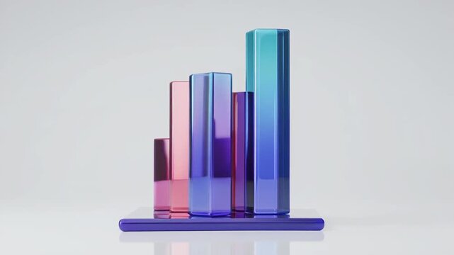 3d glass bar chart data visualization, colorful glossy abstract statistic display, modern business graph object gradient column