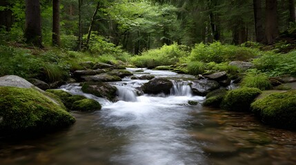 Obraz premium A serene forest stream flows over moss covered rocks with small cascades and lush green surroundings