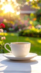 A serene outdoor setting with a cup of coffee on a table