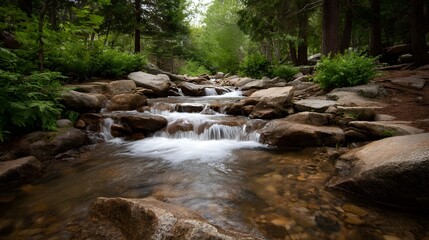 Obraz premium A vibrant forest stream flows over smooth rocks and mossy boulders creating small cascades in a tranquil woodland