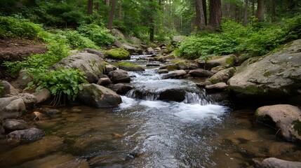A serene and vibrant forest stream gently cascades over a rocky bed surrounded by lush green vegetation and moss covered stones