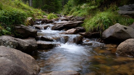 Fototapeta premium A serene forest brook cascades over a rocky bed with flowing water