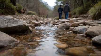 Fototapeta premium A low angle view of a clear stream flowing over a rocky bed in a forest with two figures walking away in the background