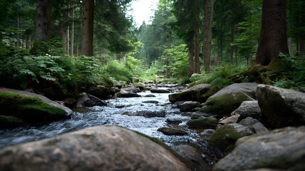 Obraz premium A serene forest stream flows over moss covered rocks through lush green woodland