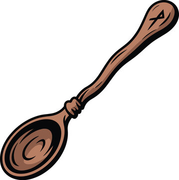 Wooden Spoon with Rune Carving on Handle for Cooking and Crafts