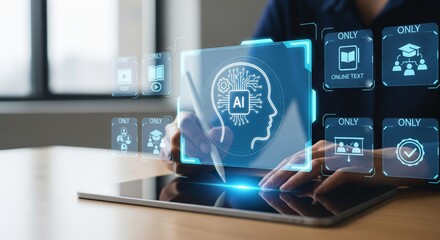AI Education Technology with Large Holographic Icons and Digital Learning Interface
