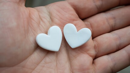 Obraz premium Two white hearts in macro A pair of white hearts is placed on the skin of the palm in close-up. The photograph refers to the pure love, harmony, and celebration of Valentine’s Day.