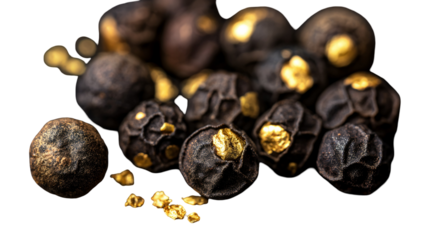 Golden treasures hidden in black peppercorns on dark background