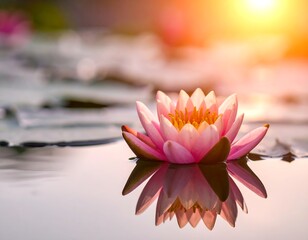 A serene pink water lily in a pond at sunset
