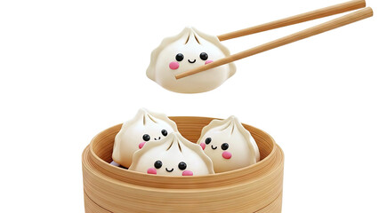 Cute Kawaii Dumplings with Happy Faces in a Bamboo Steamer and Chopsticks