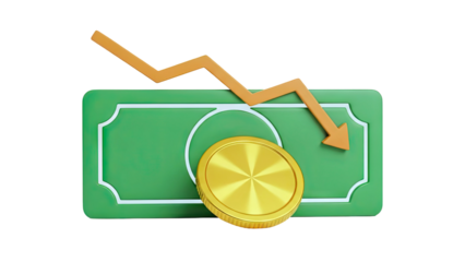 Financial Decline: Dollar Bill, Coin, and Downward Arrow