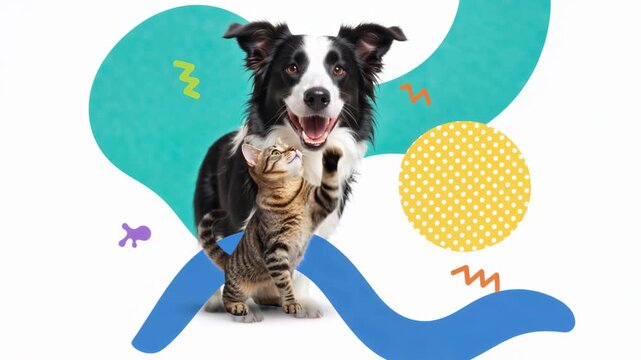 Playful Border Collie dog and tabby kitten with abstract graphic shapes. Animated pet friendship concept on white background. Modern motion graphics for animal care, veterinary clinic, pet shop ad