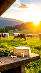 A serene rural landscape with cows grazing in a green field at sunset, with cheese on a rustic table