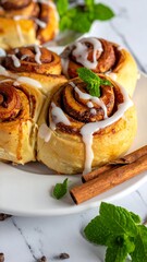 A plate of decorated cinnamon rolls with icing and mint leaves on a white surface