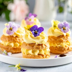 A plate of cream-filled pastries topped with edible flowers on a white plate