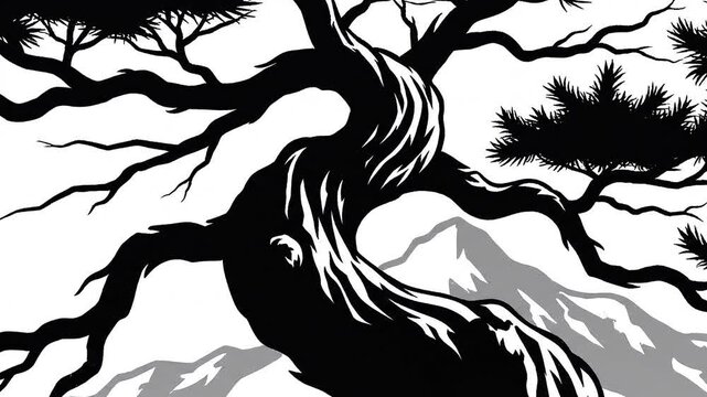 Monochrome Animation of Bonsai Tree Growth in Forest Scene 2D Style Art