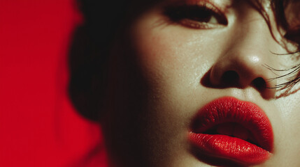 Extreme close up a woman face red lipstick and red background , hot valentine background image.