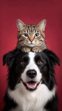 Tabby cat sitting on a Border Collie dog's head. Looping vertical video of cat and dog friendship on a red background. Pet shop or veterinary clinic advertisement