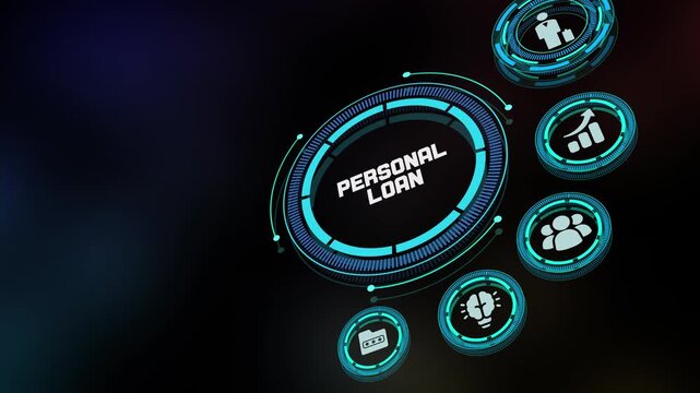 Futuristic HUD interface visualizing personal loan services with glowing financial icons representing lending, approval, credit evaluation and digital banking.